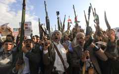 Supporters of Yemen's Iran-backed Houthi rebels brandish weapons during an anti-Israel rally in Sanaa on October 17, 2025. (Mohammed HUWAIS / AFP) Supporters of Yemen's Iran-backed Houthi rebels brandish weapons during an anti-Israel rally in Sanaa on October 17, 2025. (Mohammed HUWAIS / AFP)