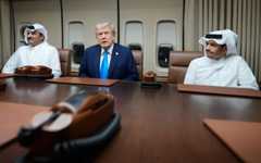 President Donald Trump, center, meets with Emir of Qatar Sheikh Tamim bin Hamad al-Thani, left, and Qatari Prime Minister and Foreign Minister Sheikh Mohammed bin Abdulrahman bin Jassim Al Thani aboard Air Force One at Al Udeid Air Base in Doha, Qatar, October 25, 2025. (AP/Mark Schiefelbein) President Donald Trump, center, meets with Emir of Qatar Sheikh Tamim bin Hamad al-Thani, left, and Qatari Prime Minister and Foreign Minister Sheikh Mohammed bin Abdulrahman bin Jassim Al Thani aboard Air Force One at Al Udeid Air Base in Doha, Qatar, October 25, 2025. (AP/Mark Schiefelbein)