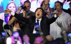 Argentina's President Javier Milei celebrates after winning in legislative midterm elections in Buenos Aires, Argentina, October 26, 2025. (AP Photo/Rodrigo Abd) Argentina's President Javier Milei celebrates after winning in legislative midterm elections in Buenos Aires, Argentina, October 26, 2025. (AP Photo/Rodrigo Abd)