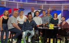 Released hostage Alon Ohel (seated at piano) with the cast of 'Eretz Nehederet' on October 29, 2025. (Courtesy, Keshet) Released hostage Alon Ohel (seated at piano) with the cast of 'Eretz Nehederet' on October 29, 2025. (Courtesy, Keshet)