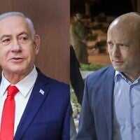 Left: Prime Minister Benjamin Netanyahu, October 22, 2025; right: Former prime minister Naftali Bennett, October 15, 2025 (Marc Israel Sellem/POOL; Chaim Goldberg/Flash90) Left: Prime Minister Benjamin Netanyahu, October 22, 2025; right: Former prime minister Naftali Bennett, October 15, 2025 (Marc Israel Sellem/POOL; Chaim Goldberg/Flash90)