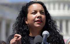 Analilia Mejia speaks during a news conference outside the US Capitol on April 19, 2023, in Washington. (Alex Wong/Getty Images/AFP) Analilia Mejia speaks during a news conference outside the US Capitol on April 19, 2023, in Washington. (Alex Wong/Getty Images/AFP)
