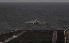 In this handout photograph released by the US Navy on February 5, 2026, an F/A-18E Super Hornet, attached to Strike Fighter Squadron (VFA) 14, launches from the flight deck of Nimitz-class aircraft carrier USS Abraham Lincoln in the Arabian Sea on February 3, 2026. (Zoe Simpson/US Navy/AFP) In this handout photograph released by the US Navy on February 5, 2026, an F/A-18E Super Hornet, attached to Strike Fighter Squadron (VFA) 14, launches from the flight deck of Nimitz-class aircraft carrier USS Abraham Lincoln in the Arabian Sea on February 3, 2026. (Zoe Simpson/US Navy/AFP)