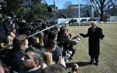 US President Donald Trump speaks to the media as he walks to board Marine One prior to departure from the South Lawn of the White House in Washington, DC, on February 13, 2026. (Photo by ANDREW CABALLERO-REYNOLDS / AFP) US President Donald Trump speaks to the media as he walks to board Marine One prior to departure from the South Lawn of the White House in Washington, DC, on February 13, 2026. (Photo by ANDREW CABALLERO-REYNOLDS / AFP)