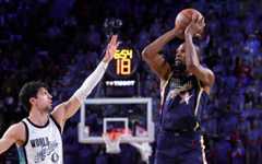 Kevin Durant of Team USA Stripes (R) shoots against Deni Avdija of Team World during the 75th NBA All-Star Game at Intuit Dome on February 15, 2026 in Inglewood, California. (Ronald Martinez/Getty Images/AFP) Kevin Durant of Team USA Stripes (R) shoots against Deni Avdija of Team World during the 75th NBA All-Star Game at Intuit Dome on February 15, 2026 in Inglewood, California. (Ronald Martinez/Getty Images/AFP)