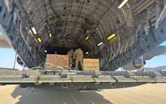 A US C-17 sits at the Nevatim Air Base in the desert in Israel, October 13, 2023, after bringing crates of American munitions for Israel. (AP/ Lolita Baldor/ File) A US C-17 sits at the Nevatim Air Base in the desert in Israel, October 13, 2023, after bringing crates of American munitions for Israel. (AP/ Lolita Baldor/ File)