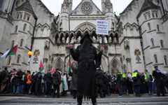 Supporters of anti-Israel group Palestine Action stage a protest outside the Royal Court of Justice in London, Britain, February 13, 2026. (AP Photo/Kin Cheung) Supporters of anti-Israel group Palestine Action stage a protest outside the Royal Court of Justice in London, Britain, February 13, 2026. (AP Photo/Kin Cheung)