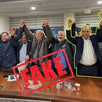 A doctored image of Naftali Bennett and Yair Lapid standing alongside members of Israel's Arab political party lists that appeared on the Likud’s official social media accounts on January 22, 2026. (Original photo from X. Added graphics by The Times of Israel) A doctored image of Naftali Bennett and Yair Lapid standing alongside members of Israel's Arab political party lists that appeared on the Likud’s official social media accounts on January 22, 2026. (Original photo from X. Added graphics by The Times of Israel)