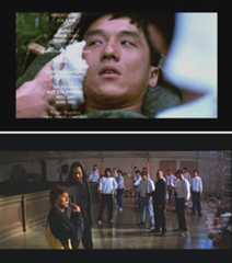 Comedian/actor/stuntman Jackie Chan on a stretcher and a clip from one of his movies.