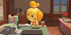 Isabelle looking disappointed at her desk in Animal Crossing New Horizons