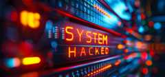 Pictorial representation of CVE-2025-55182 (React) and CVE-2025-66478 (Next.js). Close-up of a digital display on electronic equipment with illuminated text reading "SYSTEM HACKED" in red, set against a blurred background of blue and red lights.