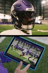 Close-up of a football player wearing a purple helmet and visor on an indoor field (top), and a person holding a tablet showing a video of football practice with players in purple uniforms (bottom).