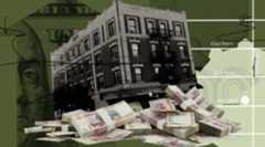 An apartment building sinking into a pile of cash