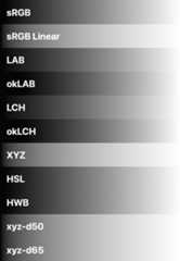 11 color spaces shown comparing black to white.