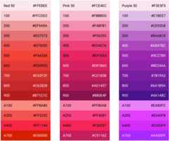 Screenshot of 3 Material palettes, showing 14 colors and their appropriate white or black contrast colors for text.