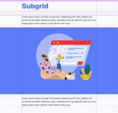 Screenshot of a subgrid demo, using the Chrome Devtools grid overlay tooling to show the lines defined by CSS.