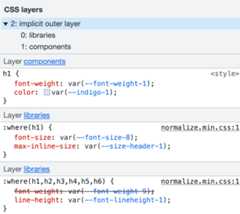 Screenshot of the Styles sidebar of Chrome Devtools, highlighting how styles appear within new Layer groups.