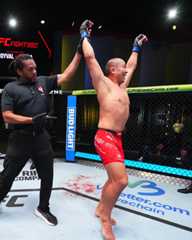 Park Joon-yong (right) is delighted after winning UFC on ESPN+ 102 in October 2024. Photo = TKO