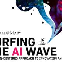 A graphic shows a figure surfing and text saying "Surfing the AI Wave."