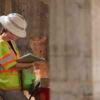 A person wearing a hardhat and safety vest writes on a notebook.