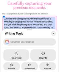 Writing Tools feature in use with options Proofread, Rewrite, Friendly, Professional and Concise