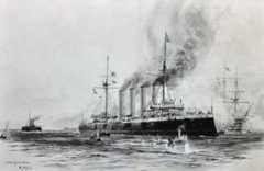Admiral Sir Christopher Cradock’s flagship the armoured cruiser HMS Good Hope: Battle of Coronel on 1st November 1914 in the First World War: picture by Lionel Wyllie in 1901