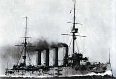 Flagship of Rear Admiral Sir Christopher Cradock the armoured cruiser HMS Good Hope: Battle of Coronel on 1st November 1914 in the First World War