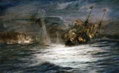 HMS Monmouth sinking under fire from SMS Nürnberg: Battle of Coronel on 1st November 1914 in the First World War: picture by Lionel Wyllie