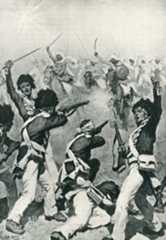 74th Highlanders attacked by the Mahratta Cavalry at the Battle of Assaye on 23rd September 1803 during the Second Mahratta War in India: picture by W.R.S. Stott