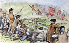 American troops repel the first British attack on Breed's Hill: Battle of Bunker Hill on 17th June 1775 in the American Revolutionary War: picture by Charles Henry Granger