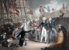 Nelson accepting the surrender of the San Josef at the Battle of Cape St Vincent on 14th February 1797 in the Napoleonic Wars: picture by Daniel Orme: buy this picture in black and white