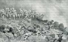The Devons clearing the top of Wagon Hill: Siege of Ladysmith, 2nd November 1899 to 27th February 1900 in the Great Boer War: picture by W.T. Maud