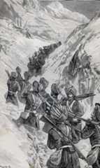 Sikhs carrying the mountain guns across the Shandur Pass: Siege and Relief oaf Chitral, 3rd March to 20th April 1895 on the North-West Frontier of India: picture by William Overend