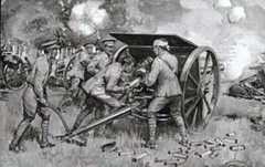 British 18 pounder field guns in action: Battle of Le Cateau on 26th August 1914 in the First World War
