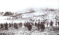 German infantry advancing up a hillside: Battle of Le Cateau on 26th August 1914 in the First World War