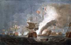 HMS Bellerophon dismasted is on the right, astern of the burning French Flagship L'Orient at the Battle of the Nile on 1st August 1798 in the Napoleonic Wars: picture by Thomas Whitcombe