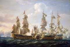 HMS Captain attacking the San Nicolas and the San Josef at the Battle of Cape St Vincent on 14th February 1797 in the Napoleonic Wars