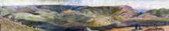 Panoramic view of the scene of the Charge of the Heavy Brigade in the Battle of Balaclava on 25th October 1854 in the Crimean War: water colour by Lieutenant Colonel Dawkins of the Coldstream Guards