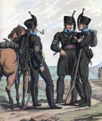 Hussar and Light Infantry of the Duke of Brunswick Oel's Corps: Battle of Waterloo 18th June 1815: picture by Charles Hamilton Smith