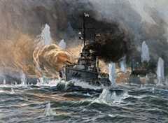 German Battle Cruisers in action at the Action off the Dogger Bank on 24th January 1915 in the First World War: picture by Willie Stoewer