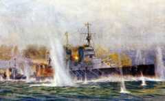 British battle cruisers HMS Lion, Tiger (known as ‘the big cats’) and Princess Royal in chase of the German squadron of Admiral Hipper on 24th January 1915 in the Battle of Dogger Bank in the First World War: picture by Lionel Wyllie