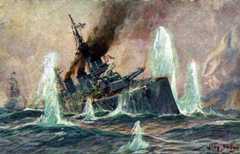 Admiral Beatty’s flagship HMS Lion heavily damaged during the Battle of Dogger Bank on 24th January 1915 in the First World War: picture by Willy Stoewer