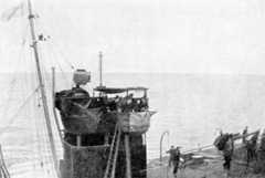 Admiral Beatty on the bridge of the British destroyer HMS Attack after transferring from his flag ship the damaged battle cruiser HMS Lion during the Dogger Bank Action on 24th January 1915 in the First World War