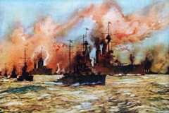 HMS Indomitable tows in HMS Lion severely damaged in the Dogger Bank Action on 24th January 1915 in the First World War: picture by Charles Edward Dixon