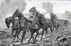 Lance Corporal Frederick Holmes, mounting the lead horse of the abandoned gun team, before riding the team back and winning the VC: Battle of Le Cateau on 26th August 1914 in the First World War