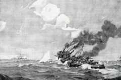 German torpedo boat S117 about to sink  in the Texel action on 17th October 1914 in the First World War: picture by H.G. Swanwick