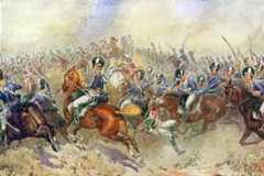 British 12th Light Dragoons in the charge at the Battle of Salamanca on 22nd July 1812 during the Peninsular War, also known as the Battle of Los Arapiles or Les Arapiles: picture by B. Granville Baker