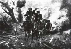 Driver O'Brien taking his gun out of action at the Battle of Le Cateau on 26th August 1914 in the First World War