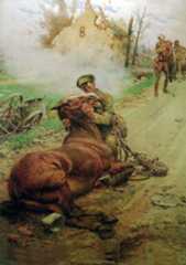 ‘Good bye Old Man’, a British gunner leaves his dying horse: Battle of Le Cateau on 26th August 1914 in the First World War: picture by Fred Matania