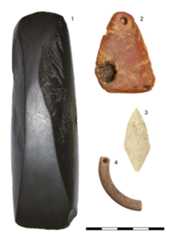 Figure 2. Objects made from “exotic” materials used by people of the Comb Ceramic culture in Estonia: : 1 – a chisel from Nurmeküla, made from Karelian metatuff, 2 – an amber necklace originating from the west coast of Latvia or Lithuania, found at the Tamula I settlement site, 3 – an arrow head found at the Tamula I settlement site, made from flint from the central region of European Russia, 4 – a ring adornment made from Karelian metatuff. (PäMu 3 A 538 (Bo47), AI 3960:256, AI 3912: 3144, AI 3867:221). Photos: Aivar Kriiska. Objects made from “exotic” materials used by people of the Comb Ceramic culture in Estonia: : 1 – a chisel from Nurmeküla, made from Karelian metatuff, 2 – an amber necklace originating from the west coast of Latvia or Lithuania, found at the Tamula I settlement site, 3 – an arrow head found at the Tamula I settlement site, made from flint from the central region of European Russia, 4 – a ring adornment made from Karelian metatuff.